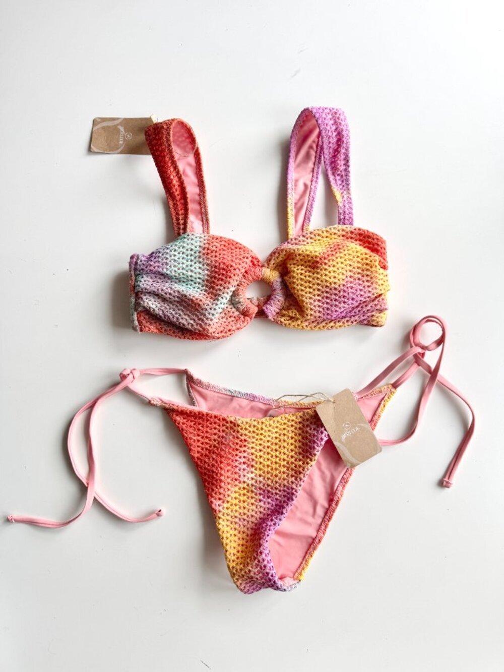 NWT BERLOOK Pink Orange Yellow Crochet Knit Bandeau O-Ring Bikini Set, Size S